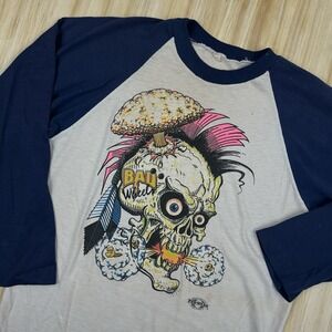 RARE 80's Bad Wheels Skeleton Skull Skateboard Shirt T-Shirt Biker Punk Raglan